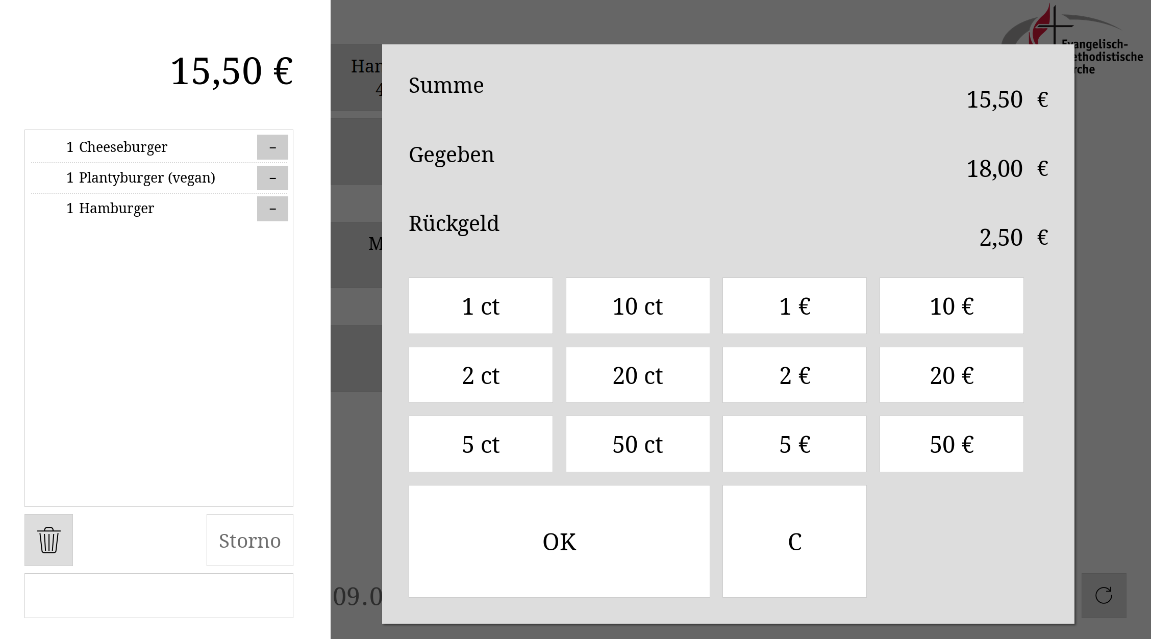 Geldausgabe-Ansicht nach Drücken auf „Bons drucken“