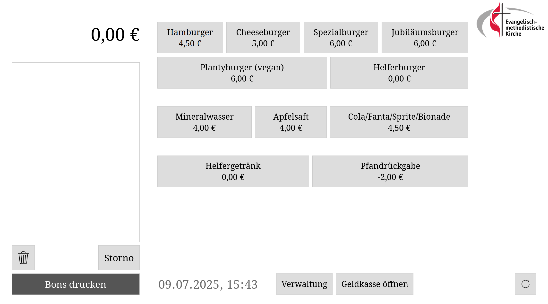 Benutzeroberfläche der Kasse (mit veralteten Produkten)
