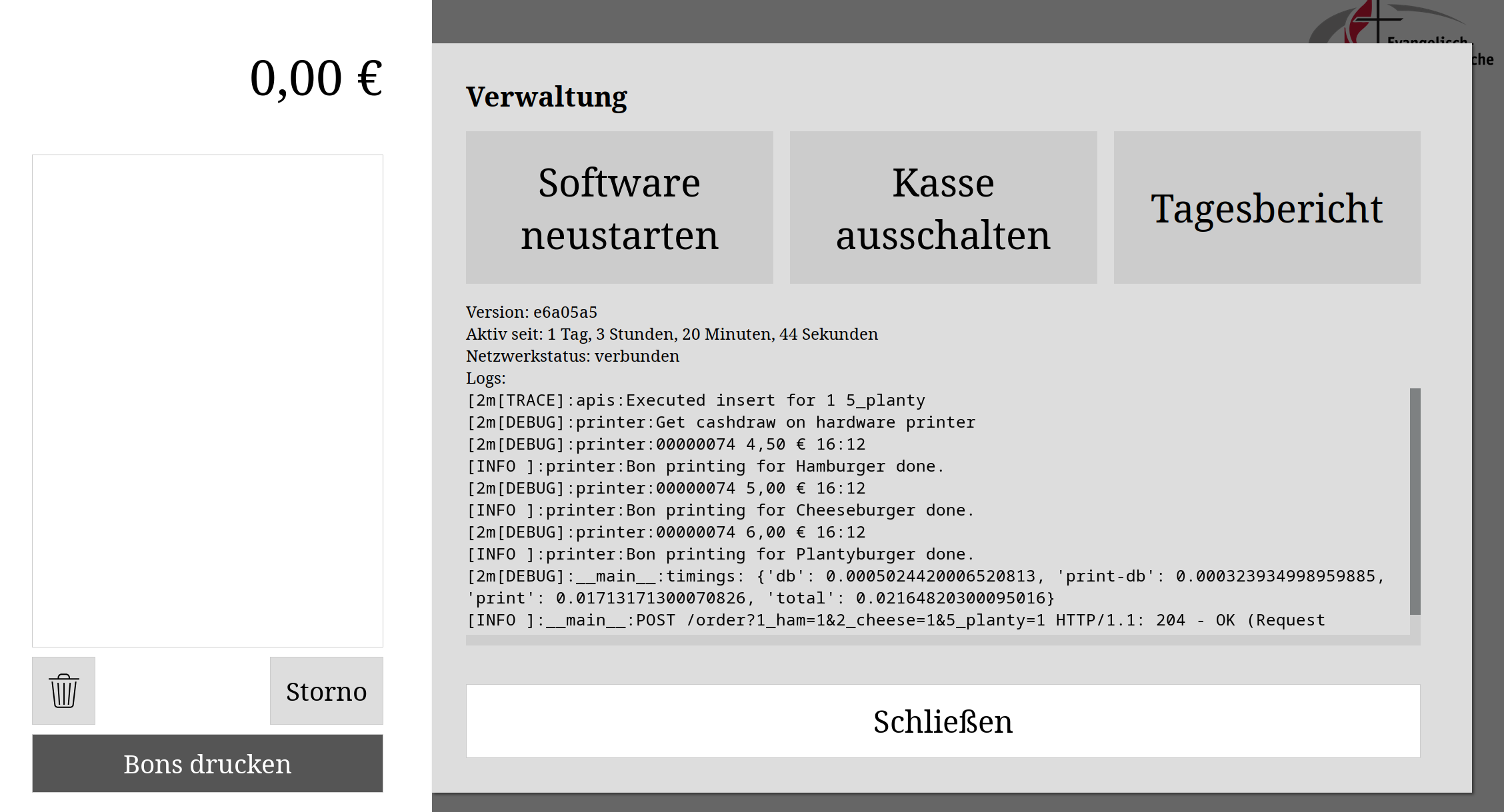 Verwaltungsansicht der Kasse